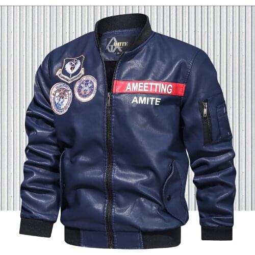 Brand Fashion Men Vintage Leather Jacket 2020 Winter Men Faux Leather Bomber Pilot Jacket Male Fleece Warm Embroidery Biker Coat