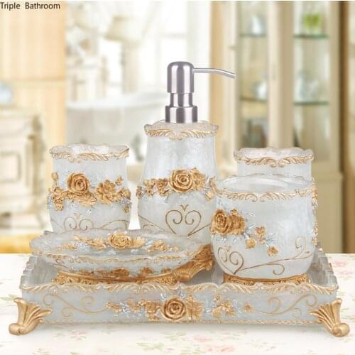 European style luxury Bathroom accessories set romantic flowers antique resin wash Suit bathroom supplies mouthwash cup