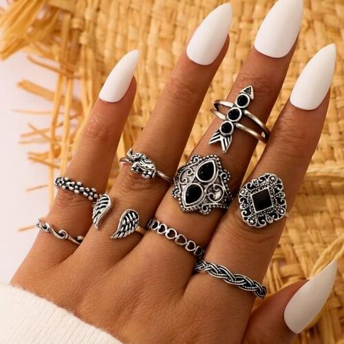 Tocona 9pcs/sets Retro Vintage Silver Color Elephant Joint Ring Sets for Women Black Crystal Stone Geometric Jewelry Anillo16714