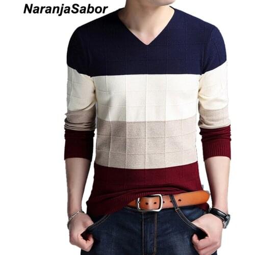 NaranjaSabor Autumn Winter Wool Pullover Men 2020 Slim Knitted V-neck Sweater Men Casual Fashion Striped Men Brand Clothing N533
