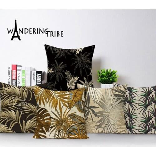 Tropical Leaves Linen Pillowcase Spring Pillow Green Plant Cushion Covers Night Black Kissen Sofa Decorative Cushions 45*45