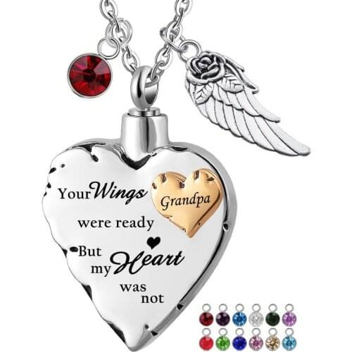 New Cremation Urn Necklace Comes With12 Birthstones And Angel Wing Ashes Jewelry Heart Memorial Keepsake Pendant for Women