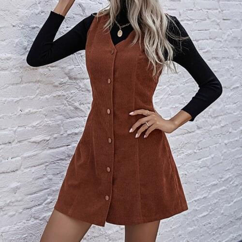 S-XL England Style Womens Dress Autumn Winter Temperament Corduroy Sleeveless Warm Slim Button Dress Trendy Streetwear