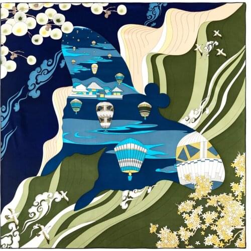 Handmade Curled Silk Scarf Womens 90cm Twill Square Fire Balloon Flower Printed Silk Scarf Shawl