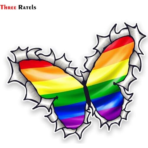 Three ratels FTC-789# 13X15.4CM Ripped Torn Metal Butterfly Design With Gay Pride LGBT Rainbow Flag External Vinyl Car Sticker