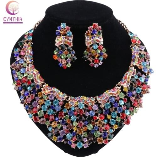 CYNTHIA Multi-color Crystal Wedding Jewelry Sets Party Costume Accessories Indian Earring Necklace Sets for Brides Womens Gifts