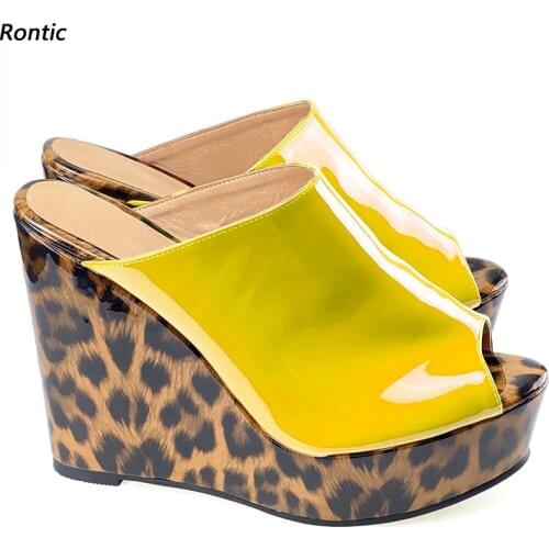 Rontic 2021 New Women Platform Mules Sandals Glossy Leopard Wedges High Heels Open Toe Yellow Black Beach Shoes Size 34 45 47 52