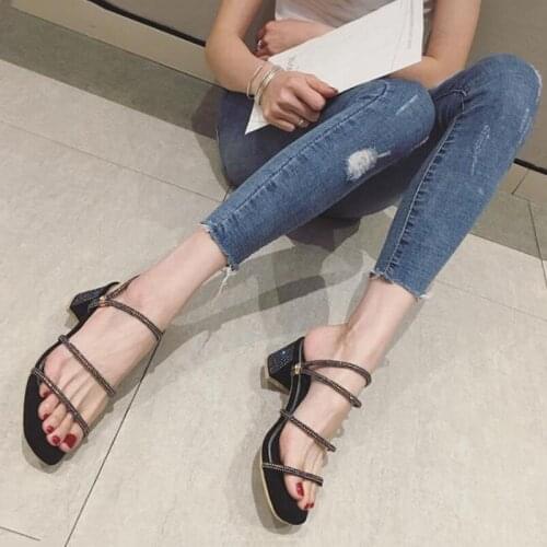 2019 New Arrival Summer High Heels Sandals Women Shoes Slip On Open Toe Black Fashion Super Shiny Rhinestone Design High Quality