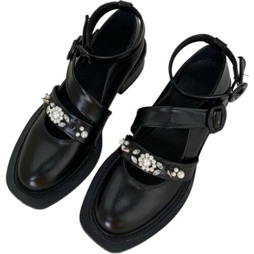 CuddlyIIPanda New French Retro Women Boots Mary Jane Shoes Hoof Chunky Heel Pearls Flowers Shoes Buckle Strap Botas Mujer