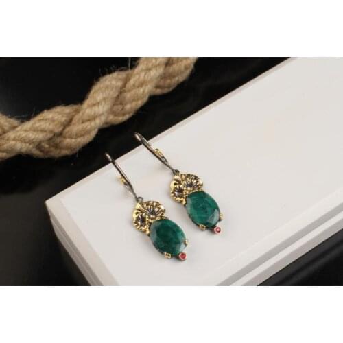Women Floral Shaped Oval Handmade Silver Gold Plated Green Jade Special Design Gift Earrings