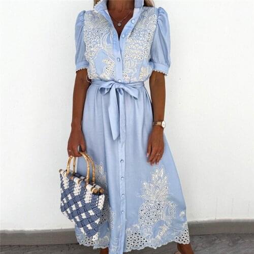 Elegant Embroidery Hollow Shirt Dresses for Women 2021 Summer Autumn Causal Loose Puff Sleeve Long Maxi Dress Beach Wear Vestido