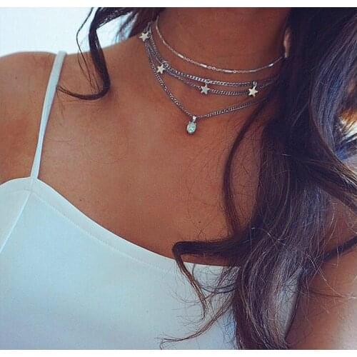 Fashion Multi Layered Necklace Choker Women Natural Stone Necklace Star Female Jewelry Metal Silver Color Party Birthday Gift