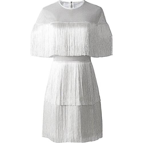 Women Fashion High quality Solid Mini Dress Vintage Dress Summer Tassel Layered Vestido Party Clubwear Dresses Beach Mesh Dress