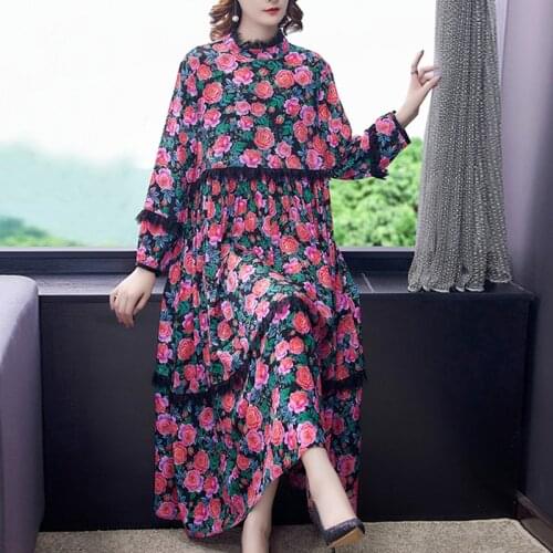 2021 Vintage Red Floral 4XL Plus Size Maxi Dresses Spring Autumn Mulberry Silk Beach Dress Women Elegant Bodycon Party Vestidos