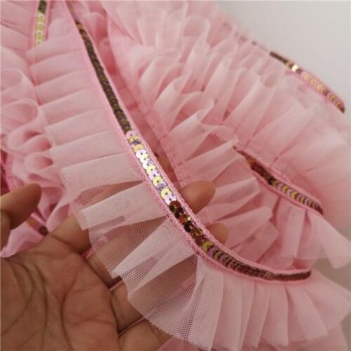 5cm Wide Good Quality Pink Embroidery Sequin Mesh Lace Fabric Home Textile Cartoon Doll Clothes Decoration DIY Skirt Cuff Sewing
