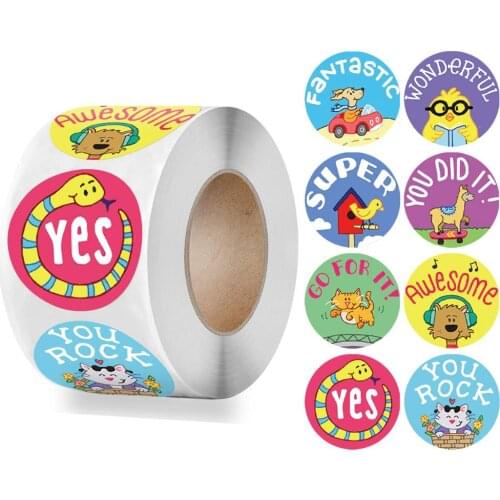 500 pcs/roll Cute Reward Stickers Cat Animal Stickers Encouragement Words for Students Kids School 1'' Motivational Stickers
