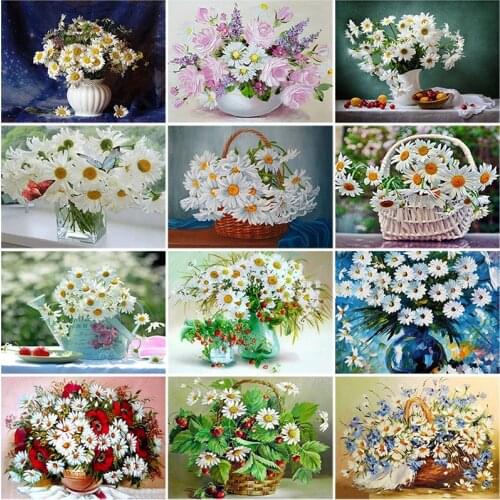 DIY 5D Diamond Painting Daisy Flower Cross Stitch Landscape Diamond Embroidery Full Round Drill Rhinestone Wall Decor Art