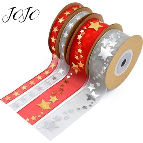 JOJO BOWS 10/25mm 10y Christmas Pentagram Bronzing Organza Ribbon For Handmade Craft DIY Hair Bows Gift Wrapping Home Decoration