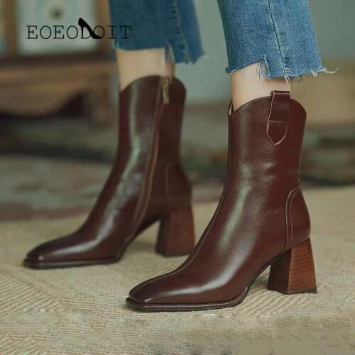 EOEODOIT Short Ankle Boots Women Retro Leather Western Boot 7 CM High Block Heels Square Toe Pumps Shoes For Autumn Winter