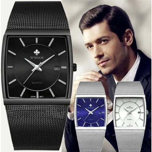 2021 WWOOR Top Brand Luxury Mens Square Quartz Watches Male Waterproof Date Clock Black Mesh Stainless Steel Wrist Watch For Men