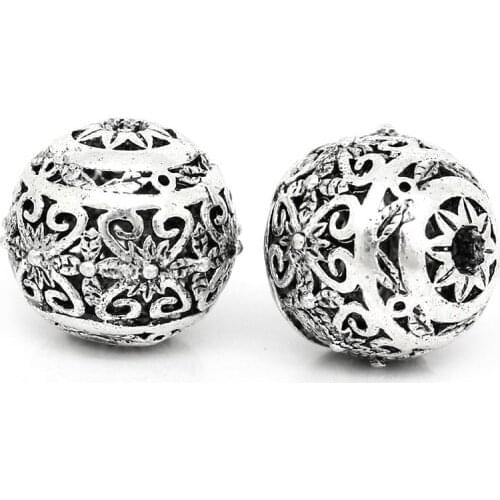 DoreenBeads Copper Spacer Beads Round Antique silver color Hollow Flower Pattern Carved 11mm x 10mm,Hole:Approx 1.5mm,10PCs