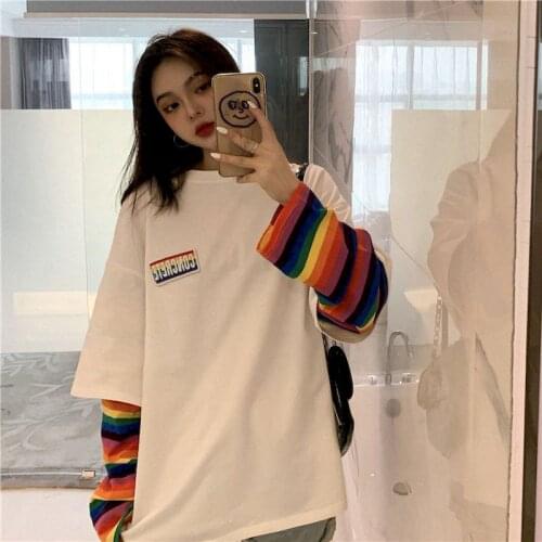 2021 Spring And Autumn Fake Two-piece T-shirt Rainbow Korean Loose Harajuku Vintage Long Sleeve Gothic Punk Clothes Graphic Tee