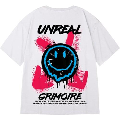 Oversized T Shirts Smile Unreal Grimoire Print T-shirt Hip Hop Cotton Half Sleeve Tops Tees Casual Summer Clothing Drop Shipping