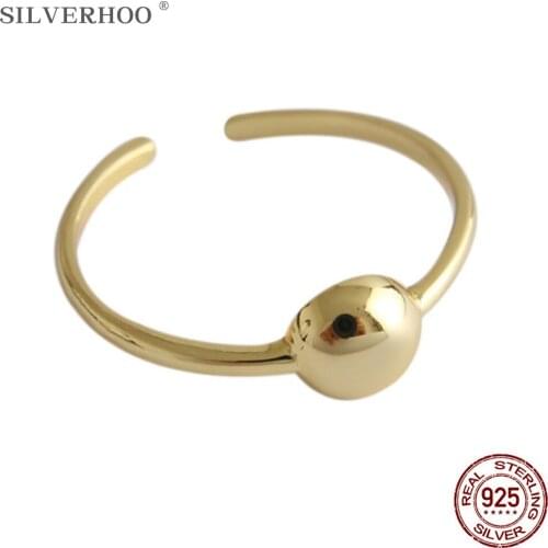 SILVERHOO Korean Style Ring For Women 925 Sterling Silver Trendy Cold Wind Personality Ring Round Bead Smooth Surface Jewelry