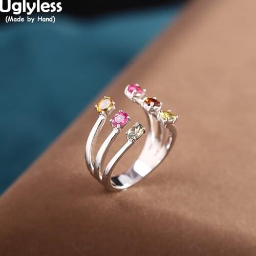 Uglyless Colorful Natural Tourmaline Rings for Women Wide Hollow Gemstones Rings Glossy Real 925 Sterling Silver Fashion Jewelry
