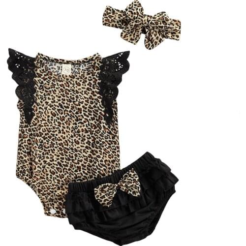 Three Piece Baby Girl’s Clothes Fashion Leopard Fly Sleeve Romper and Bow Shorts with Headband Summer Suit