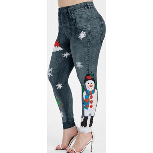 Faux Jeans Womens High Waist Leggings Girl Winter Legging Bottoms Snowflake Christmas Print Fitness Female Stretch Pocket Pants
