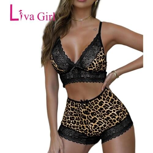 LIVA GIRL Woman Cheetah Print Crochet Lace Lingerie Set Sexy Bow Leopard Backless Cami Set Female High Waist Panty Bra Underwear