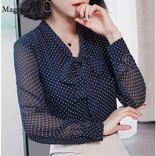 Fashion Polka Dot Bow Collar Blue Print Chiffon Womens Tops and Blouses Elegant Office Blouse Long Sleeve Women Shirts 1864 50