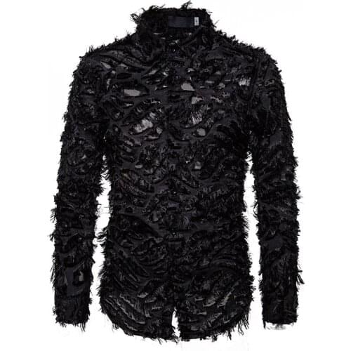 Fashion Sexy Black Feather Lace Shirt Men 2021 Brand Nightclub Singer Mens Dress Shirts Event Party Prom Camisa Social Masculina