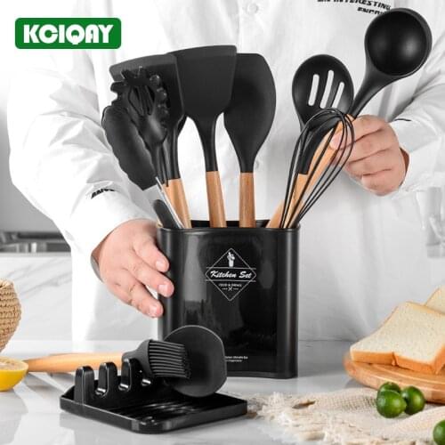 13Pcs Kitchen Silicone Cooking Utensils Set Wooden Handle Silicone Spatula Spoon Nonstick Kitchen Cooking Tools With Storage Box