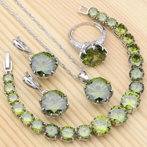 925 Silver Jewelry Sets For Women Olive Green Cubic Zirconia White Crystal Ring Bracelet Necklace Pendant Earrings
