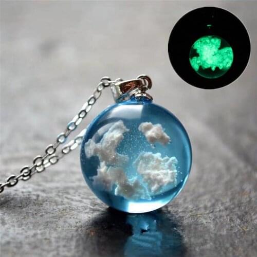 Luminous Transparent Women Resin Rould Ball Blue Sky White Cloud Chain Necklace