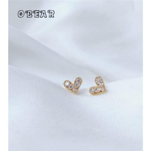 OBEAR 14K Real Gold Plated Japanese Style Pavé Crystal Heart Exquisite Stud Earrings Women Sweet Romantic Wedding Jewelry