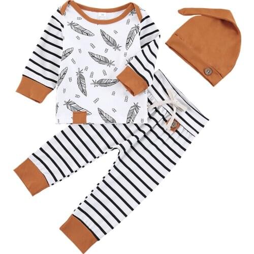 Newborn Baby Clothing 3Pcs T Shirt +Stripe Pants Outfits Inafant Baby Long Sleeve Spring Autumn Sets with Hat