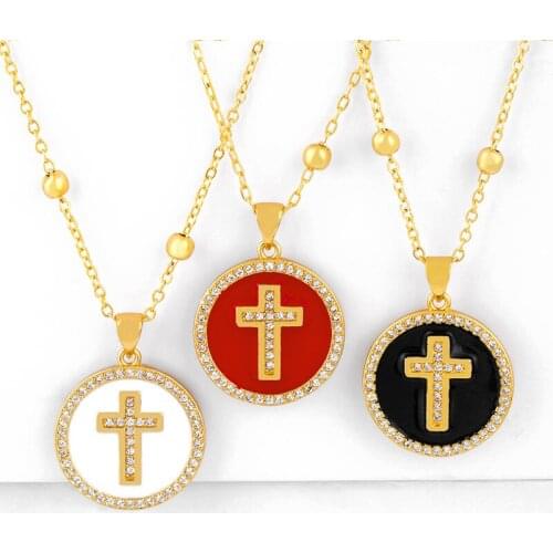 CZ Gold Cross Necklaces Women Crystal Round Coin Necklaces Pendants Enamel Statement Jewelry Colgante Cruz Arcoiris nkeq11