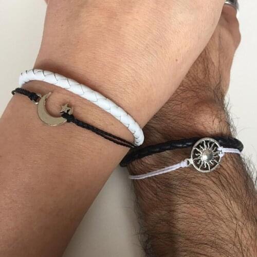 Couples Bracelets Friendship Love Cuff Moon and Sun Leather Braid Gift Adjustable Current Trendy Innovative