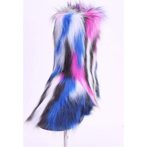 New Winter Womens Faux Fox Fur Outdoor Boots Ladies Fur Home Female Fashion Warm Home Shoes Fluffy Stripe Furry High Snow Boots