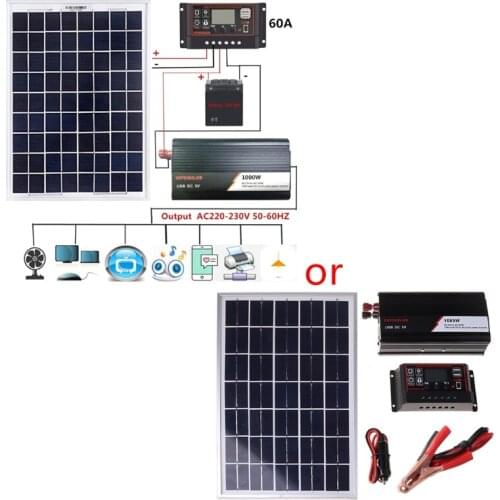 13MA 18V 20W Solar Panel Power System + 12V / 24V Digital Controller + 1000W Inverter Kit for Outdoor Home