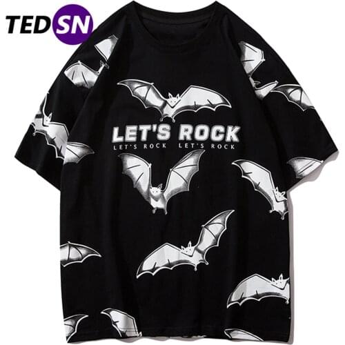 Bat Letter Print Loose Mens T Shirt Fashion Streetwear Hip Hop Harajuku Short Sleeve 2021 Casual Cotton Tops Tees