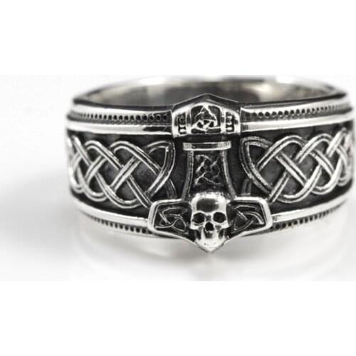 Thors Hammer Mjolnir Viking Ring Mens Stainless Steel Norse Slavic Biker Skull Jewelry