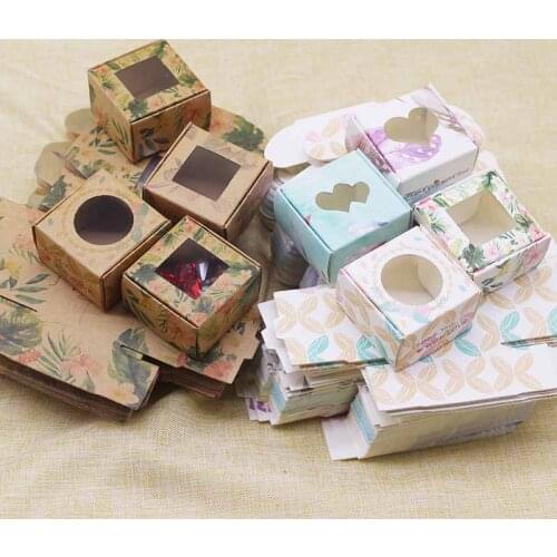 Vintage kraft gifts package box with window 4*4*2.5cm paper print marbling flower Thank you wedding favors box party suppiles