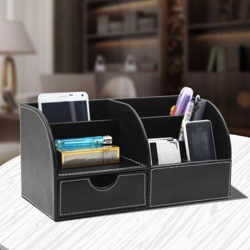 High Grade PU Leather Desk Organizer Wooden Pen Holder Pencil Box Desk Storage Box Bin Stationery Pen Stand Containers