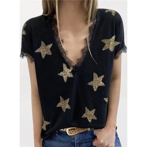 2021 Women Summer V-Neck Star Print Lace T-Shirt Ladies Short Sleeve Tees Casual Loose Basic Top Female Clothing