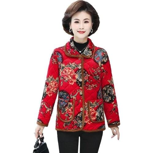 Middle-aged Women Winter Cotton Jacket 2021 Mother Warm Gold Velvet printing short Coat Female Parkas Outerwear Large Size