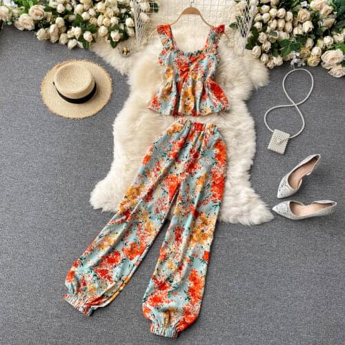 2021 Summer Womens Suit Hong Kong Style Floral Square Neck Ruffle Sling Crop Top + High-waist Pants Two-piece New Female Sets